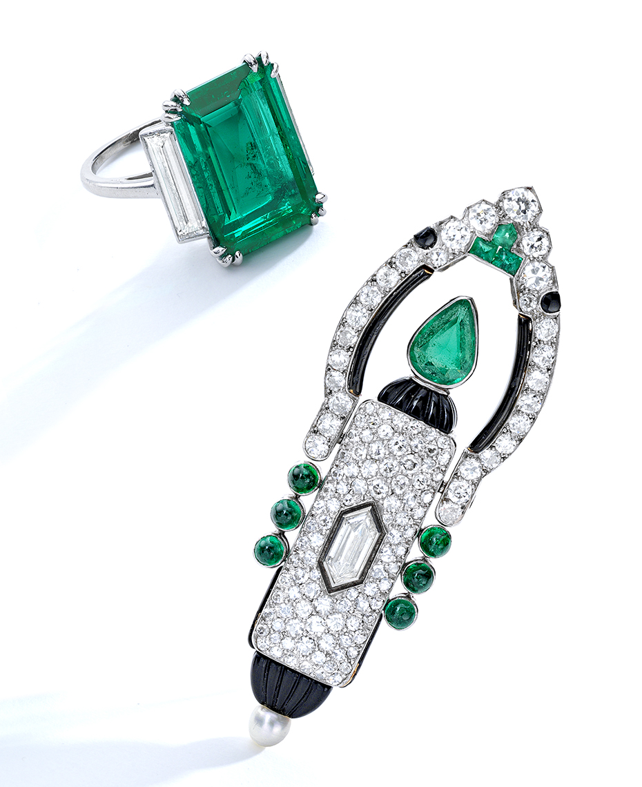 Jewelry Photography - Cartier Emerald and Diamond Ring and Emerald and Diamond Lapel Watch