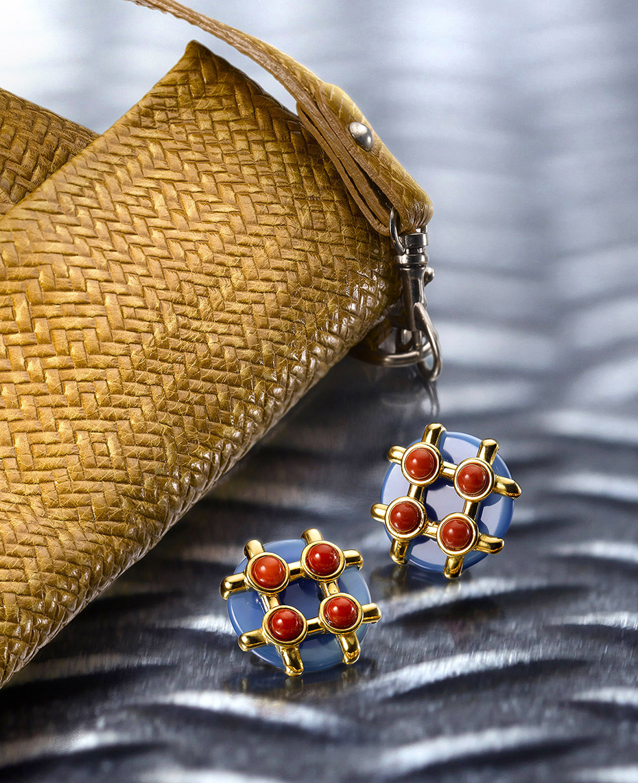 Editorial Photography  - Coral, Gold, and Chalcedony Earclips